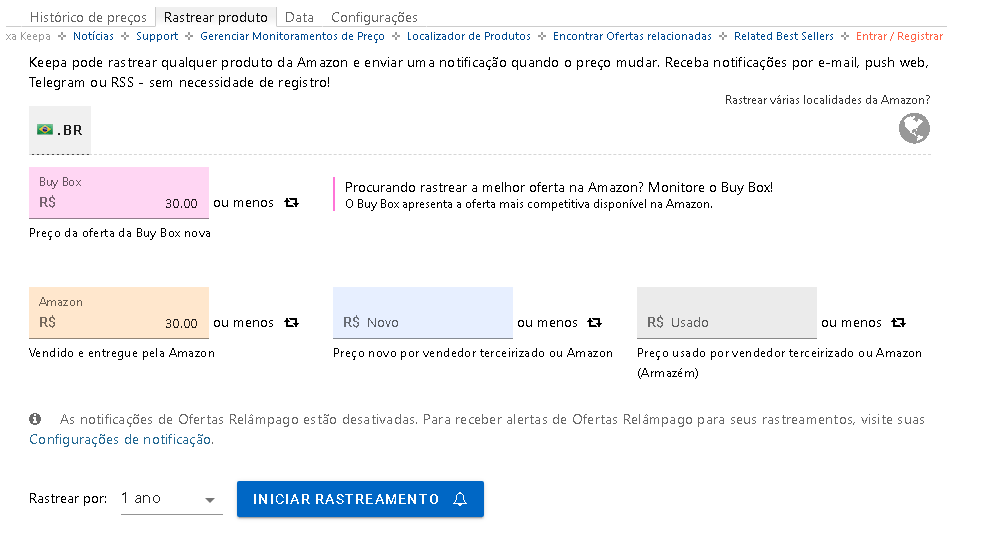 Captura de tela da aba de rastreamento de produtos na extensão Keepa para Amazon. A interface exibe campos para definir o preço desejado nas categorias "Buy Box" e "Vendido e entregue pela Amazon", além de um botão azul em destaque escrito "Iniciar Rastreamento" para ativar alertas de queda de preço.