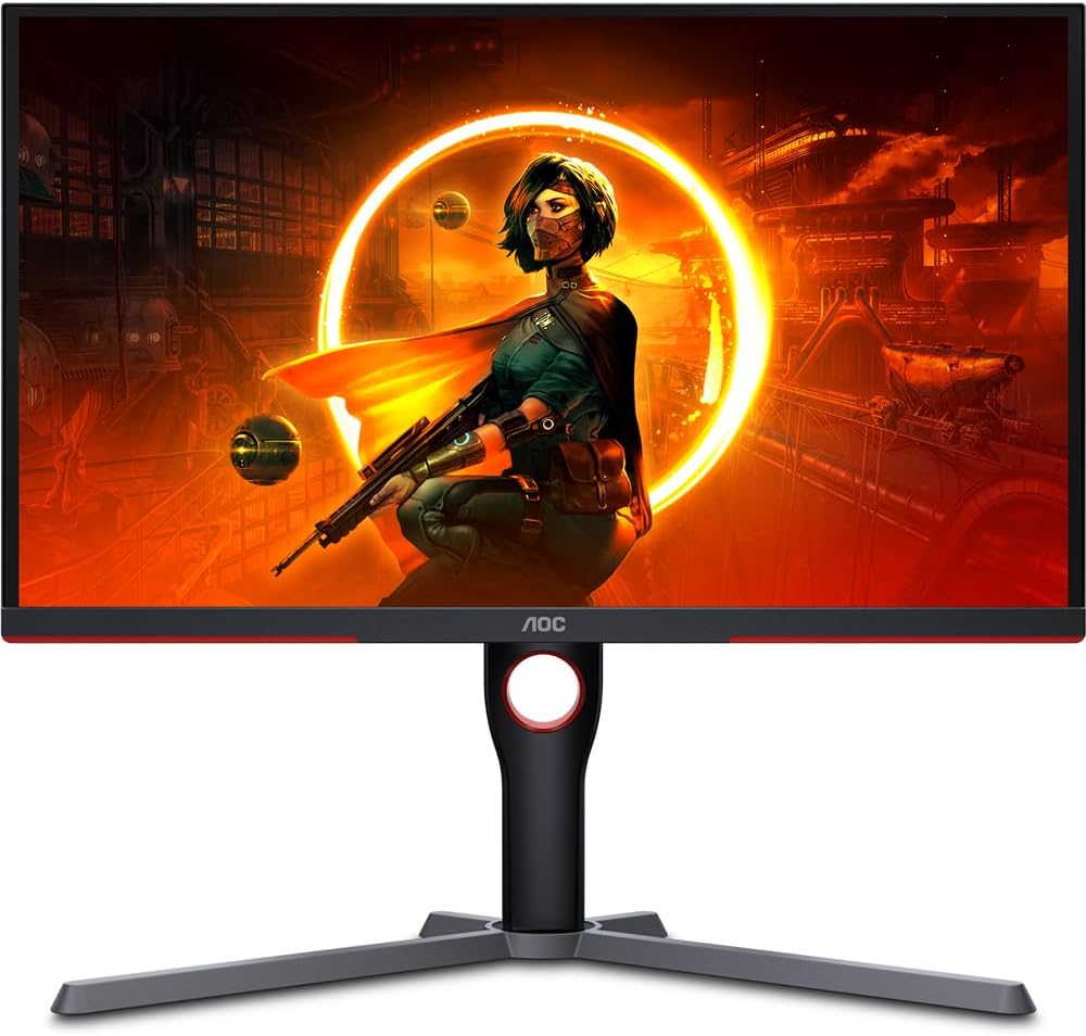 Fotografia de estúdio de frente do Monitor Gamer AOC Destiny, modelo 25G3ZM/BK. A imagem mostra o monitor em seu suporte robusto e ajustável, com a base em forma de V. A borda inferior e o anel na base têm detalhes em vermelho. A tela está desligada. O design é focado em e-sports, com uma estética 