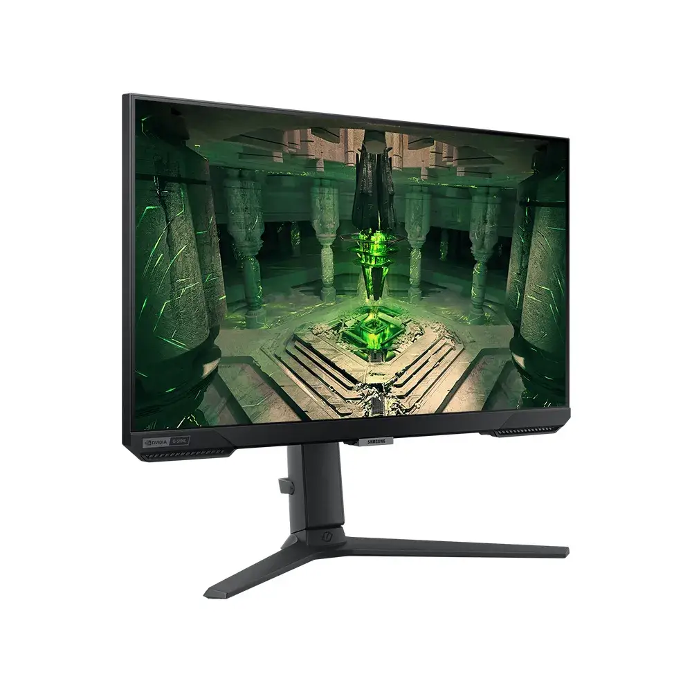 Fotografia de frente do Monitor Gamer Samsung Odyssey G40 de 25 polegadas, modelo S25BG40. O monitor é totalmente preto, está apoiado em seu suporte ergonômico ajustável e a tela está desligada. A imagem destaca o design moderno e limpo do concorrente direto, que utiliza painel IPS de 240Hz.
