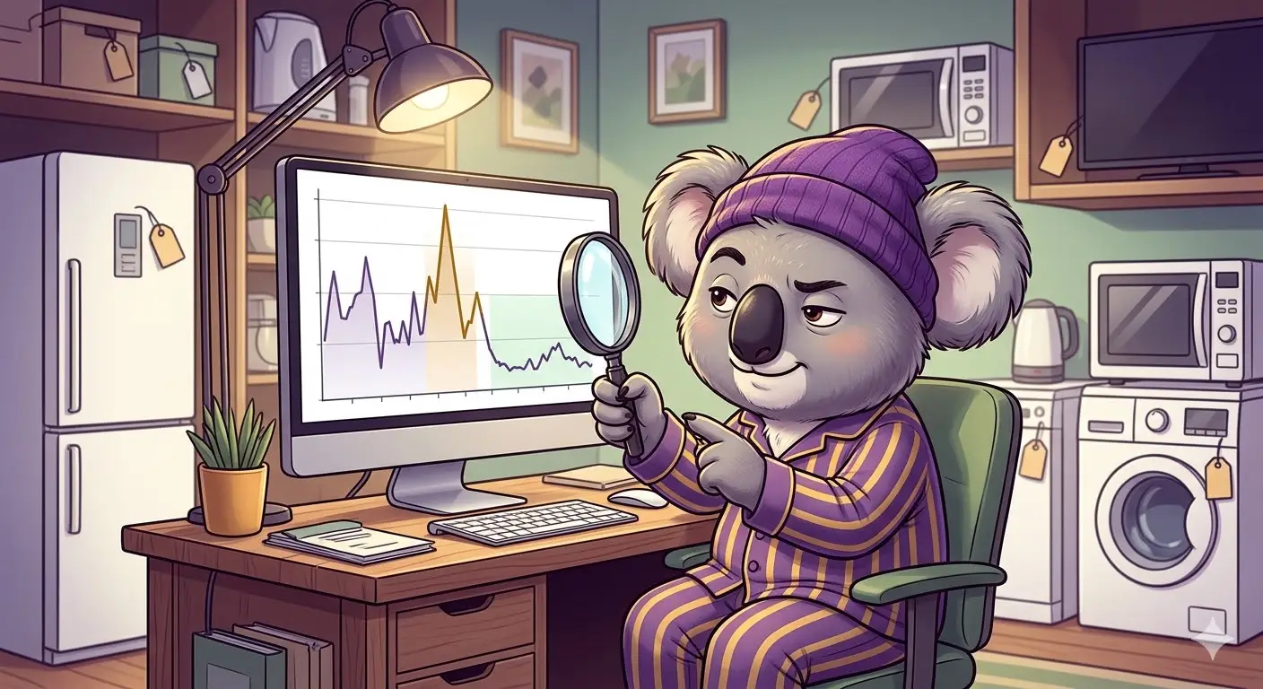 Ilustração digital do coala na pegada do Soneca das Promos, de gorro roxo e pijama listrado, em um escritório doméstico com eletrodomésticos com etiquetas de preço. O coala usa uma lupa para analisar um gráfico de preços no monitor do computador, identificando um pico (falso desconto) e uma queda (promoção real). O logotipo Soneca das Promos está no monitor.