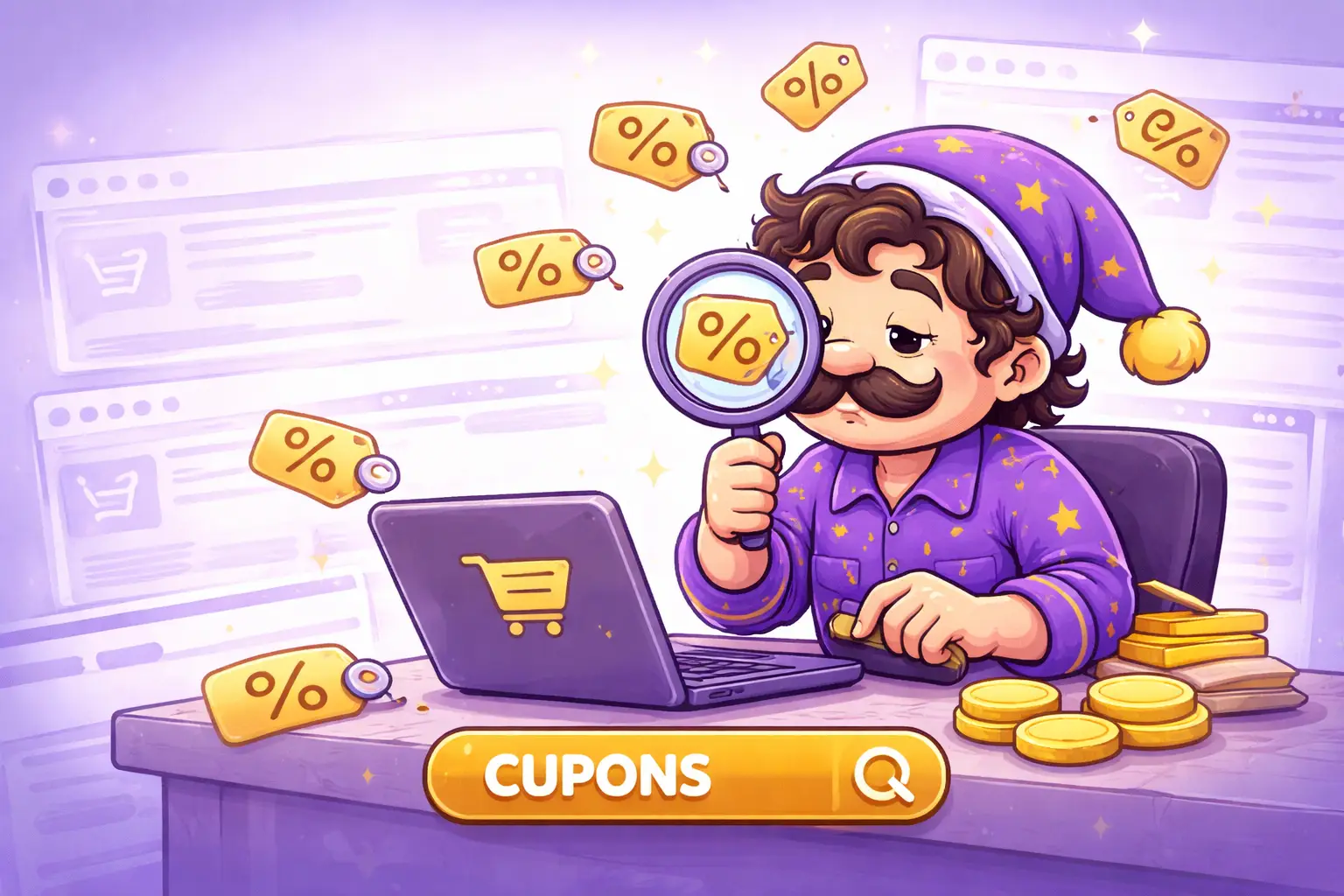 Ilustração fofa estilo cartoon de um anãozinho sonolento em pijamas de estrelas roxas. Ele usa uma lupa para examinar tags de desconto douradas flutuantes enquanto está sentado na frente de um laptop em uma mesa de compras on-line com pilhas de barras de ouro e moedas. O botão "CUPONS" está visível na frente.