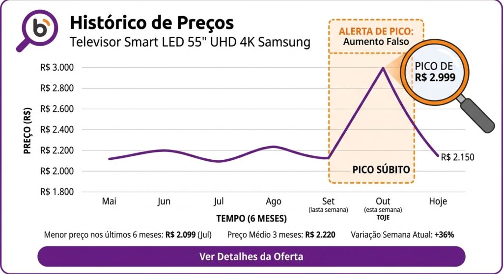 Gráfico simulado de histórico de preços de uma TV. A linha de preço mantém-se estável em torno de R$ 2.100 por vários meses, sofre um pico súbito e irreal para R$ 2.999 (destacado por uma lupa com o aviso "Alerta de Pico: Aumento Falso"), e logo em seguida cai para R$ 2.150. A imagem ilustra o truque de inflar preços antes de aplicar falsos descontos.